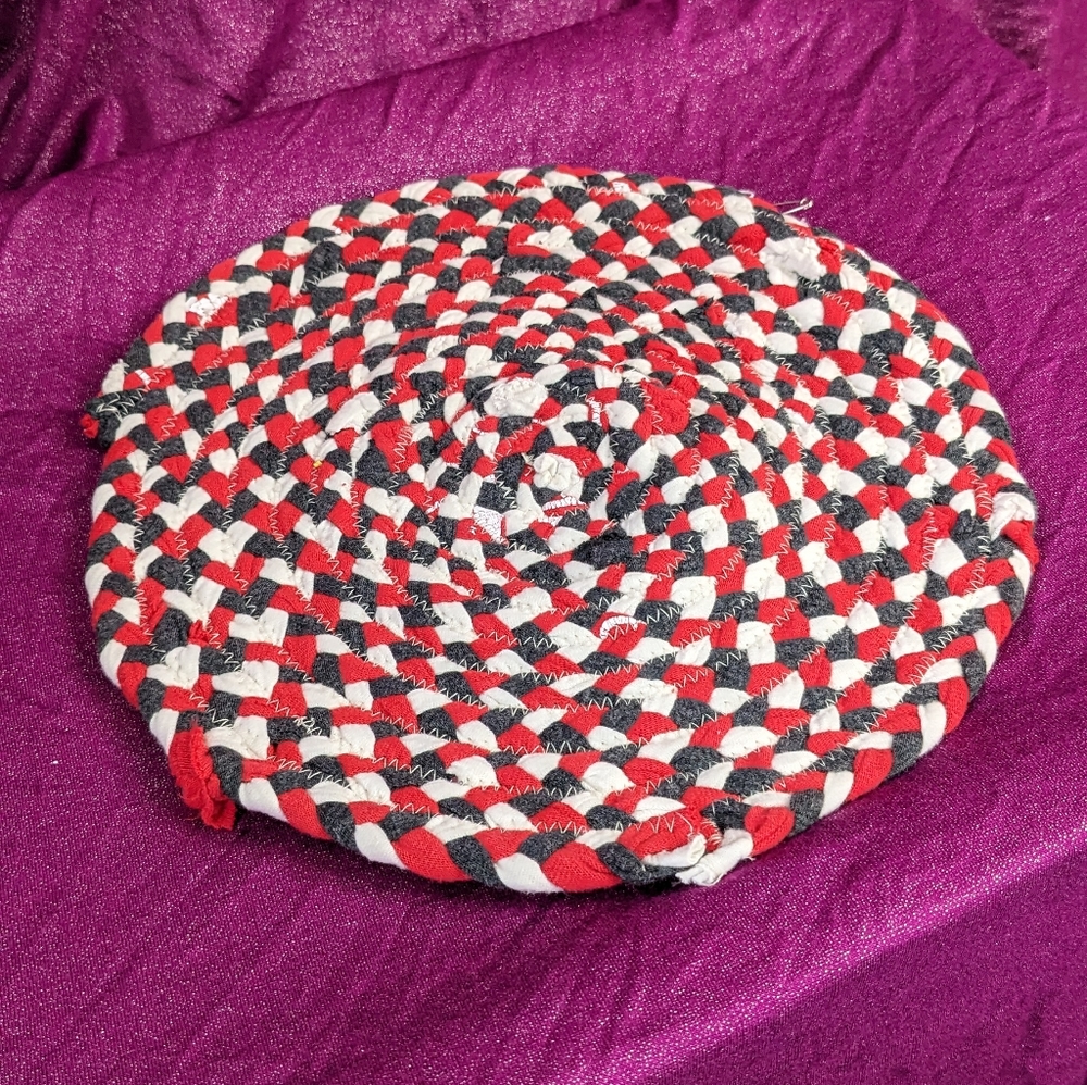 Upcycled fabric trivet hot pad- bright red, cream, and grey